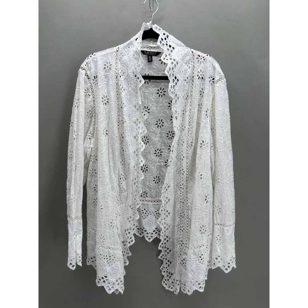 Lauren Ralph Lauren White Broderie Anglaise Eyelet Open Front Jacket Plus 3X